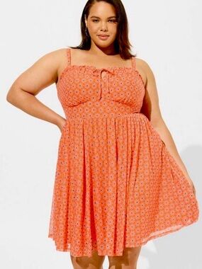 Torrid Fine Mesh Skater Dress Cami Bust Lined Summer Pockets Peachy/Orange